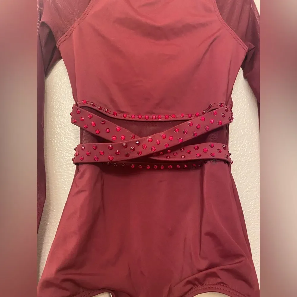 Weissman dance costume burgundy Long Sleeve Crossover Leotard 14812 LC child